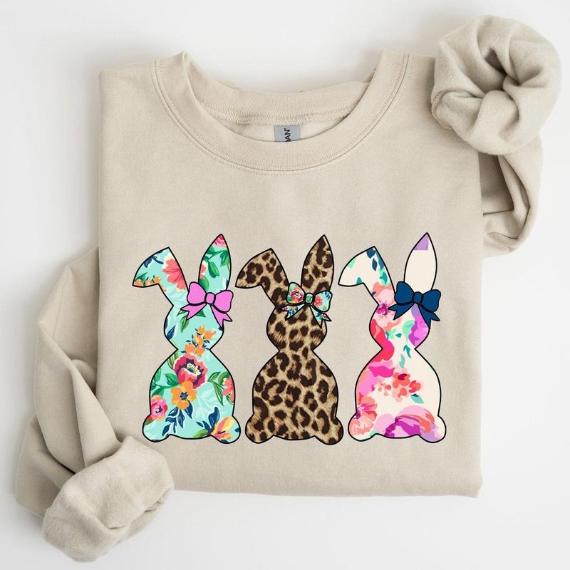 Retro Easter Rabbits, Floral, Leopard, Bunnies Sweatshirt, Women's Crew Neck, Crewneck