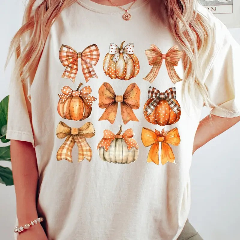Retro Fall Pumpkin Bow Shirt, Fall Coquette Bow Sweatshirt, Autumn Pumpkin Tee, Fall T-Shirt, Autumn Bow Tee, Cotton Round Neck Tee, Unisex Tshirt for Men and Women, Menswear, Womenswear, Lady Top
