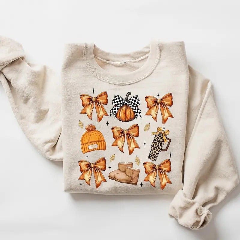 Retro Fall Pumpkin Bow Sweatshirt for Women, Cute Fall Autumn Vibes Pullover Sweater, Comfy Trendy Friendsgiving Holiday Tee Shirt