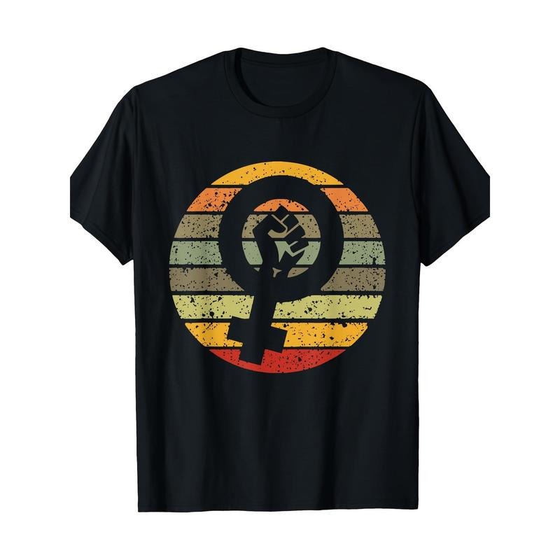 Retro Feminist Logo T-Shirt, 100% Cotton Crew Neck Short Sleeve Tee, Geometric Pattern, Casual All-Season Knit Fabric, Digital Heat Transfer Design, Regular Fit Pullover Shirt for Adults Made in USA