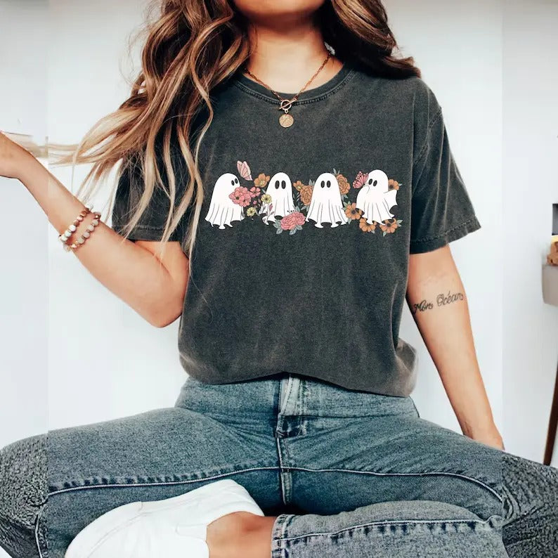 Retro Floral Ghosts Shirt, Cute Halloween Ghosts Tee, Ghosts With Flowers Shirt, Sp0oky Season Shirt, B0ujee Ghost, Spooky Vibe, Unisex Short Sleeve Tee Shirt, Casual Clothing