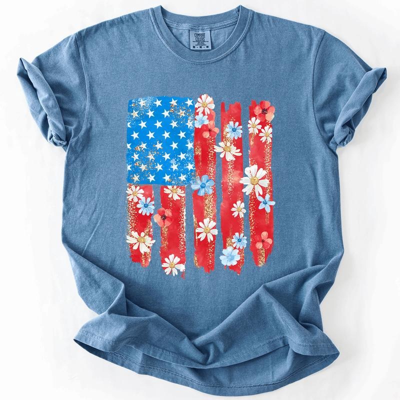 Retro Flower Flag, Fourth of July, America, Patriotic, USA, Comfort Colors T-Shirt, Women's Comfort Colors Tee