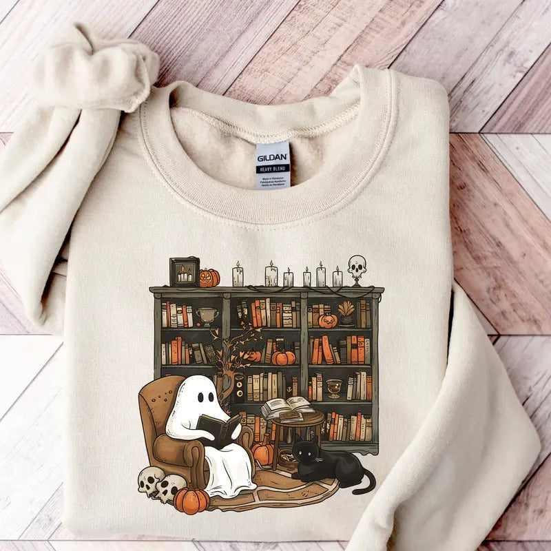 Retro Ghost Reading Books Sweatshirt T-shirt Hoodie, Librarian Ghost Halloween, Halloween Teacher Sweatshirt, Halloween Shirt, Teacher Gift, Boo School