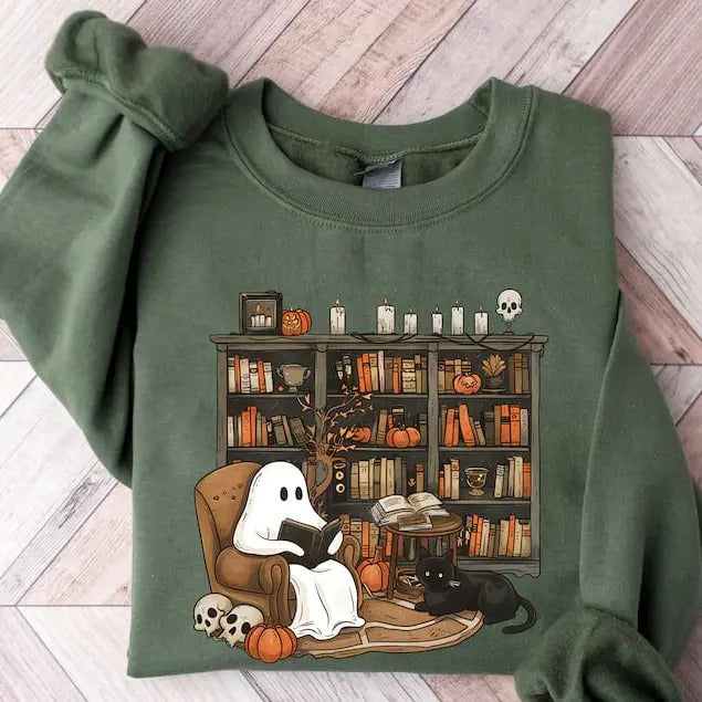 Retro Ghost Reading Books Sweatshirt, Librarian Ghost Halloween, Halloween Teacher Sweatshirt, Halloween Shirt, Teacher Gift, Boo School Sweatshirt