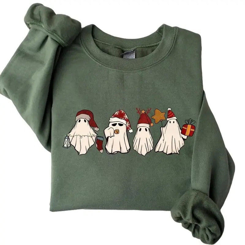 Retro Ghost Santa Sweatshirt, Christmas Ghosts Sweatshirt, Christmas Sweatshirt, Cute Ghost Hoodie, Christmas Unisex Sweater, Christmas Gift