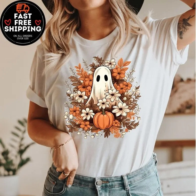 Retro Ghost Shirt, Vintage Floral Ghost Halloween Shirt, Flower Halloween Shirt, Cute Ghost Shirt, Retro Fall Shirt, Vintage Ghost Shirt