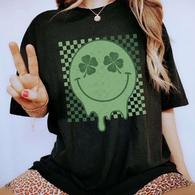 Retro Groovy Smile Face Patrick's Day T-shirt, Lucky Sublimation, Lucky Saint Patty Day Tee For Woman, Sparky Clover Shirt, Four Leaf Clover Lover, Party Shirt For Her