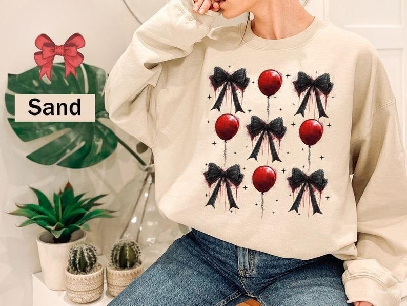 Retro Halloween Coquette Bow Sweatshirt, Halloween Balloon Shirt, Spooky Season Shirt, Aesthetic Fall Shirt, Halloween Vintage Sweater