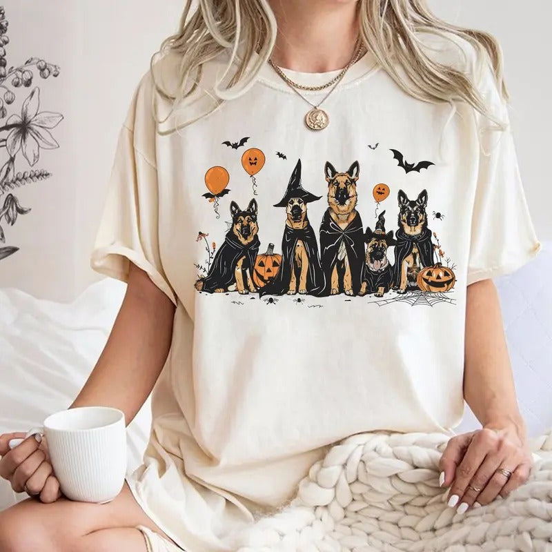 Retro Halloween Ghost Dog Shirt, German Shepherd Halloween Shirt, Dog Spooky Shirt, Dog Halloween Shirt, Dog Owner Shirt, Gift For Dog Lover, Unisex Short Sleeve Tee Shirt Top Womenswear