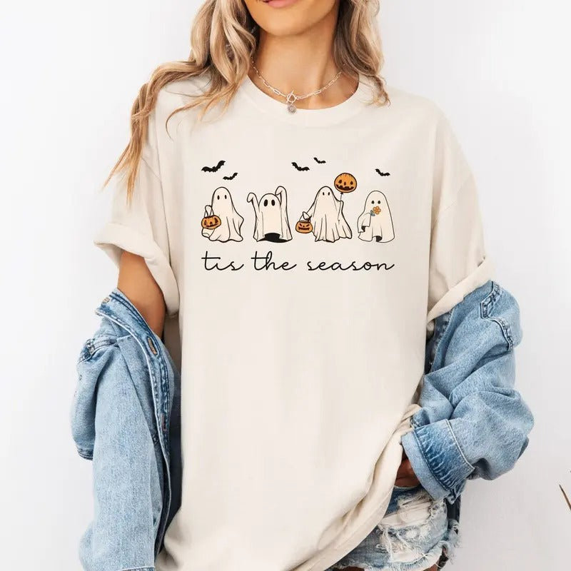 Retro Halloween Shirt, Tis The Season Halloween Shirt, Halloween Shirt, Retro Ghost Shirt, Cute Fall Shirt, Women's Halloween Tee, Pumpkin Season Top Womenswear