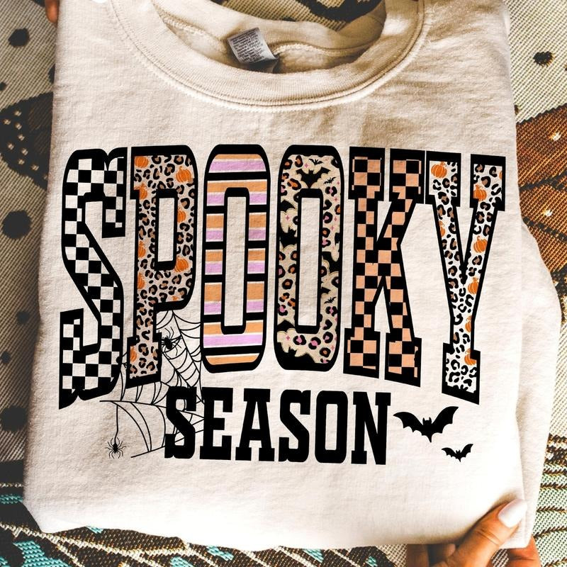 Retro Halloween Spooky Coquette Sweatshirt, Halloween Leopard Checkered Fall Pullover, Spooky Season Crewneck, Halloween Girly Fall Top