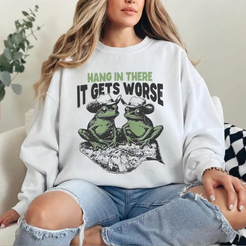 Retro Hold On Partner Im Overstimulated Sweatshirt, Western Frog Tee Design - Funny Mental Health Quote - Perfect for Sublimation & DTG Printing - Unique Humor for Trendy Shirts Tops Womenswear Comfort
