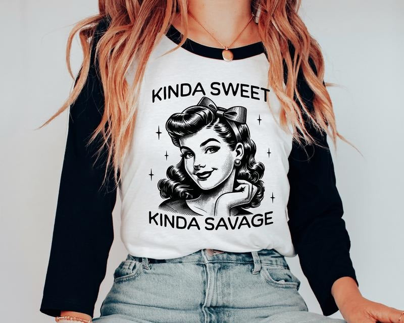 Retro Kinda Sweet Kinda Savage Unisex Shirt, Funny Sassy Shirt Available in Long Sleeve, Raglan or Short Sleeve Womenswear Oversized Printed Crewneck Top