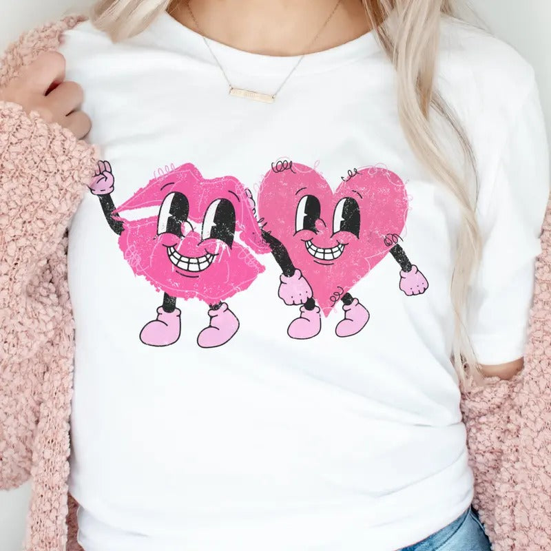 Retro Lip and Heart Valentine Tees Vintage Lip and Heart Friendship Tshirt Sweet Lips Valentine Top Womens Casual Retro Valetine Shirt Pink Heart Valentine T-Shirt