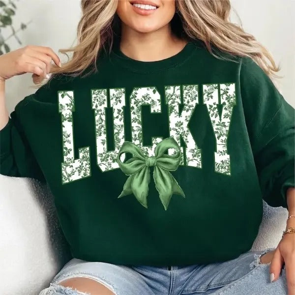 Retro Lucky St Patrick's Day Coquette T-Shirt, Sweatshirt, Hoodie, St Patricks day Shirt, Lucky Shirt, St Patrick, St Pattys day Shirt