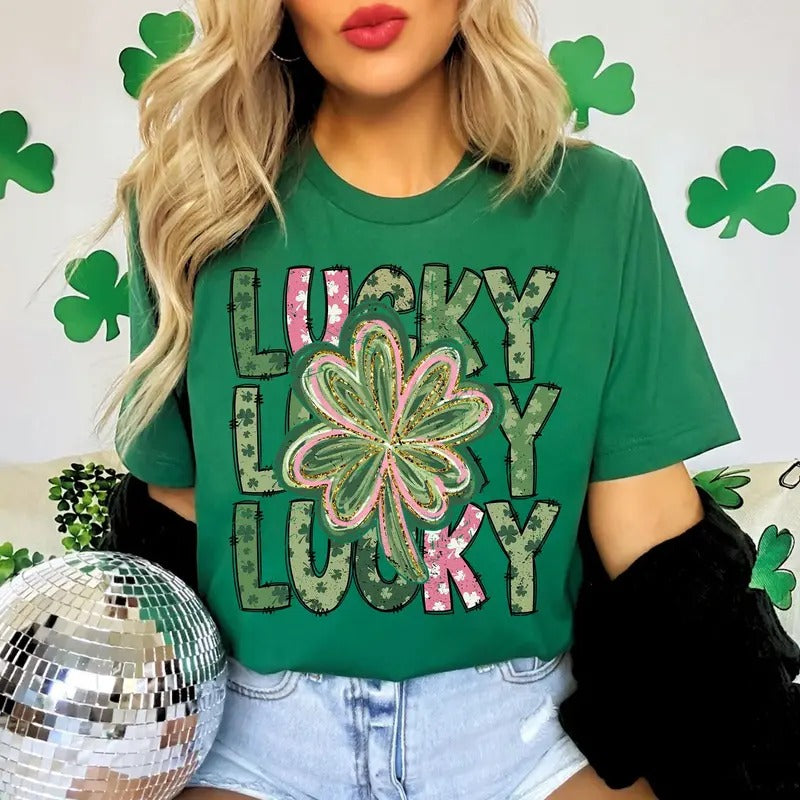 Retro Lucky T-Shirt, Retro St Patrick's Day T-Shirt, Coquette St Patty's Day T-Shirt, Lucky Shamrock T-Shirt, St Patrick Shirt T-Shirt Comfort Cotton