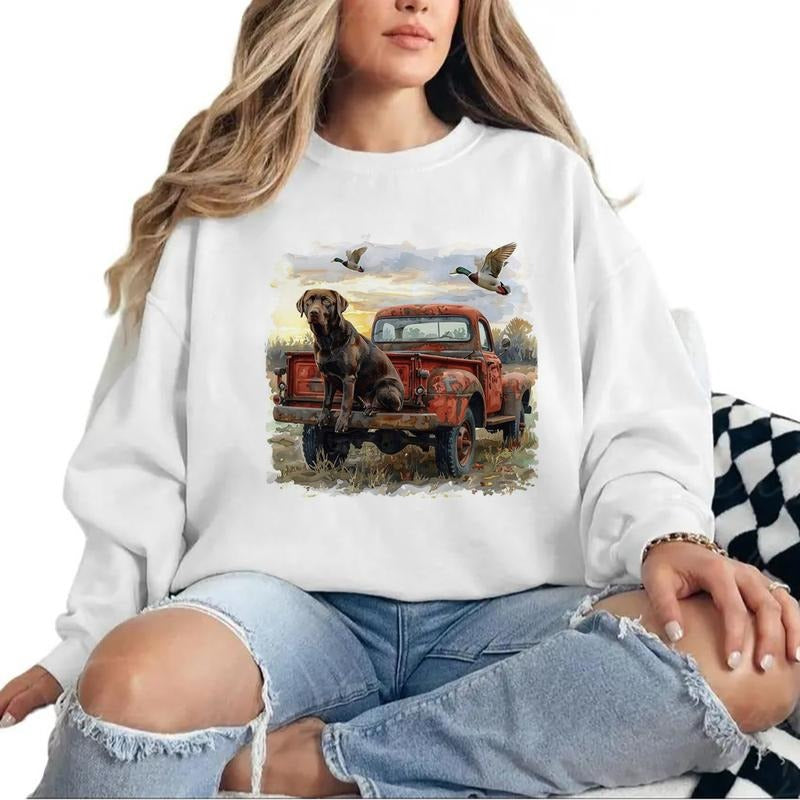 Retro Mallard Duck Labrador Dog and Red Truck T-shirt Unisex Hoodie 4th of July Sweatshirts Hunting Season 1 Cotton Womenswear Apparel Polyester
