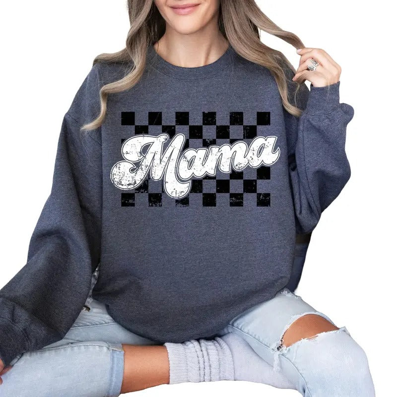 Retro Mama Checkered Sweatshirt, Black And White Sweater, Mother's Day Gift, Mama Checkered, Unisex Sweatshirt, Gifts For Mama Mother From Daughter Son, Mom Gifts Sweater, Gifts For Birthday