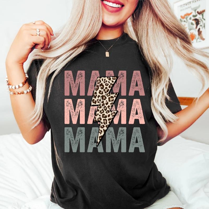 Retro Mama Shirt, Leopard Mama Shirt, Mom Life Shirt,Girl Mama Shirt, Motherhood Shirt, Cute Mom Shirt,Mothers Day Gift,Mama T-shirt Shortsleeve Crewneck Top Womenswear