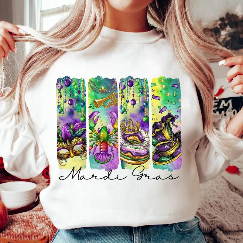Retro Mardi Gras Tshirt Sweatshirt, Fleur De Lis, Brushstroke Mardi Gras, Mardi Gras Coquette, King Cake Shirt, Unisex Sweater Pullover Tee