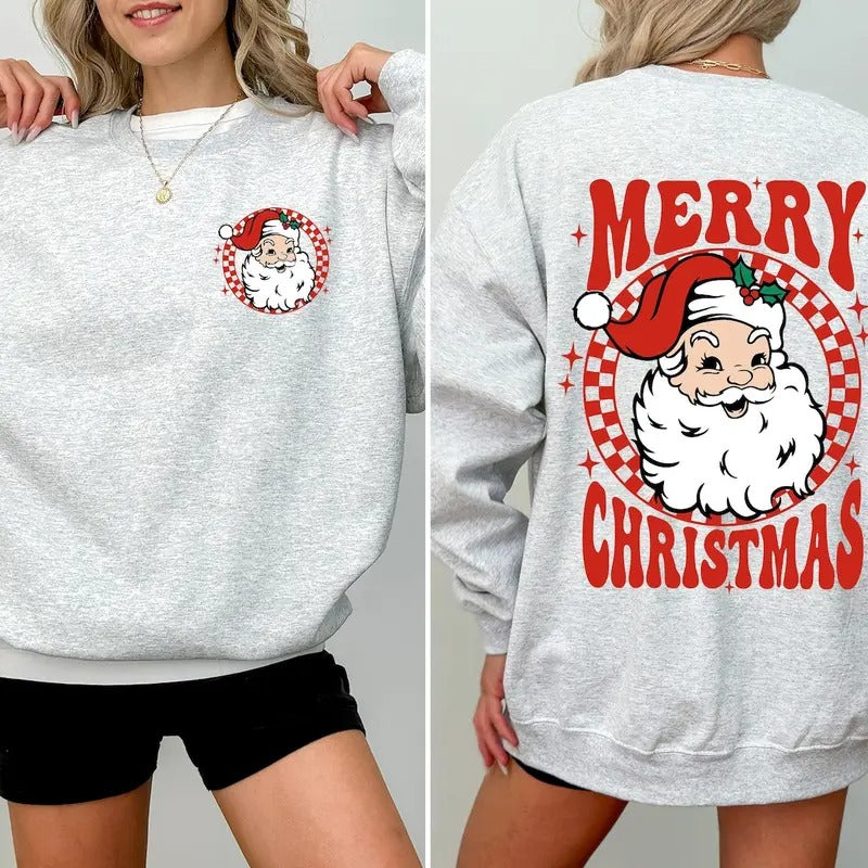 Retro Merry Christmas Santa Checkered Front and Back Sweatshirt 2 sides, Santa Xmas Sweatshirt