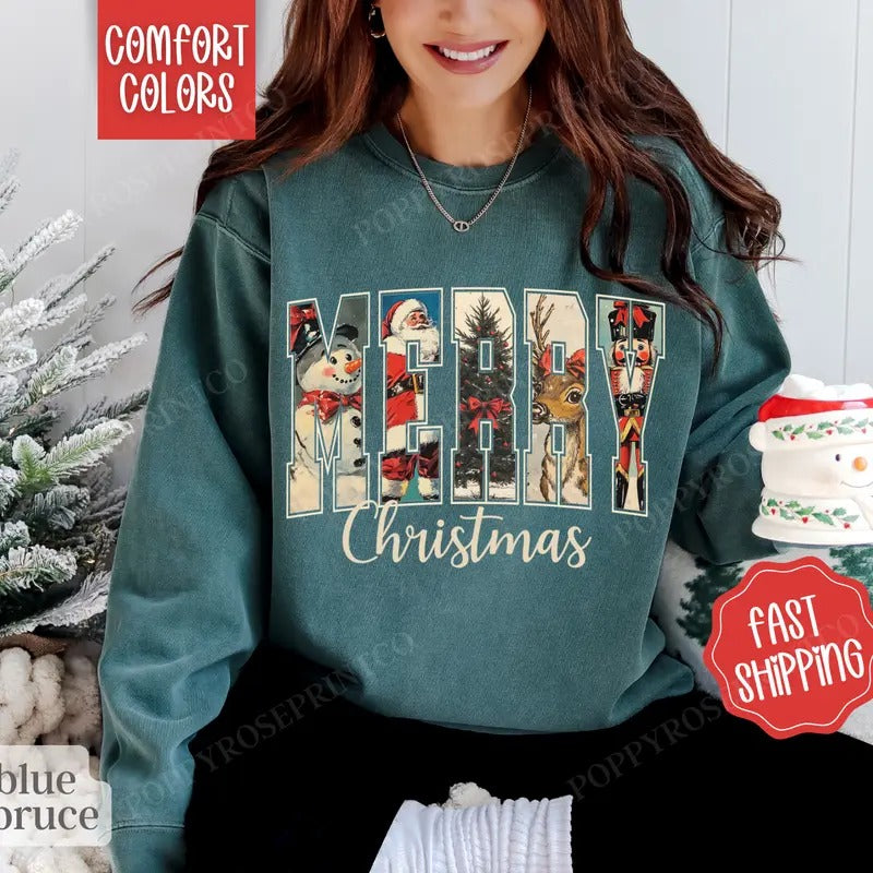 Retro Merry Christmas Sweatshirt Comfort Colors, Cute Christmas Sweater Womenswear, Holiday Crewneck