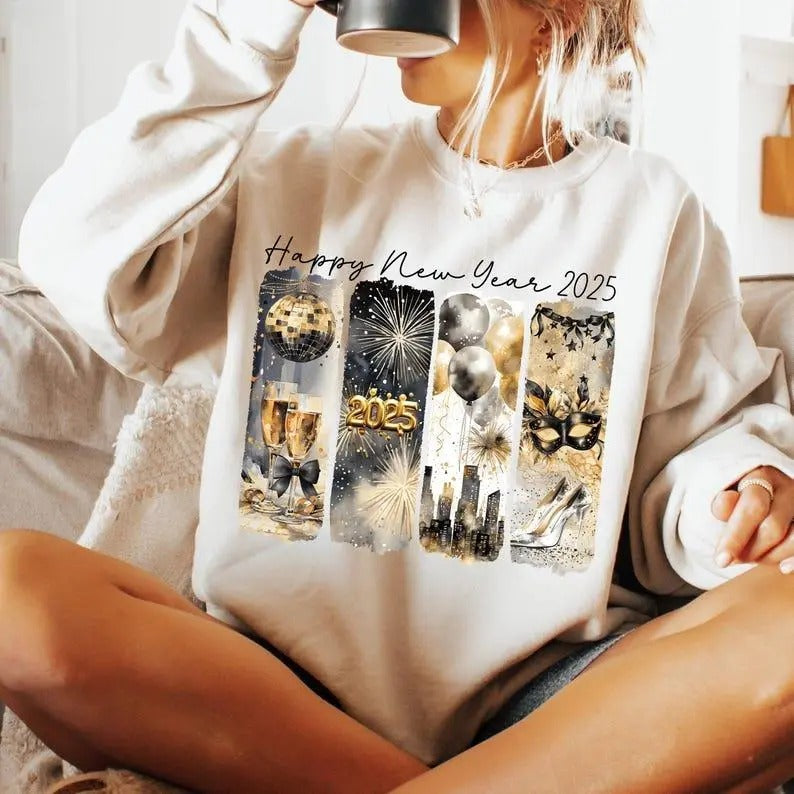 Retro New Year 2025 Sweatshirt, Hoodie, T-Shirt, New Years Shirt, Disco Ball Shirt, Gold Glitter, Brushstroke Shirt, New Year New Me Shirt