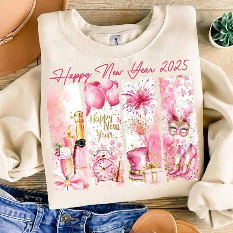 Retro New Year 2025 Sweatshirt, Hoodie, T-Shirt, New Years Shirt, Gold Glitter Disco Ball Shirt, Gold Glitter, New Year New Me Shirt, 12 New Chapters, Hello 2025 Shirt