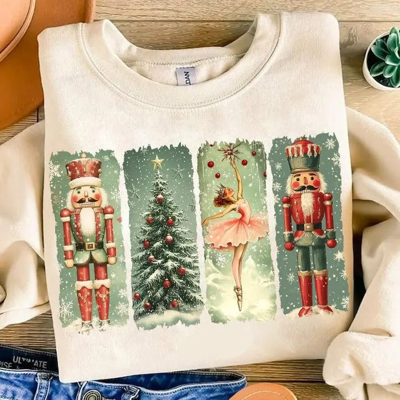 Retro Nutcracker Christmas Sweatshirt, Preppy Christmas Sweatshirt, Holiday Vibes, Nutcracker Ballet, Christmas Tree, Christmas Sweatshirt, Sublimation Tops Womenswear
