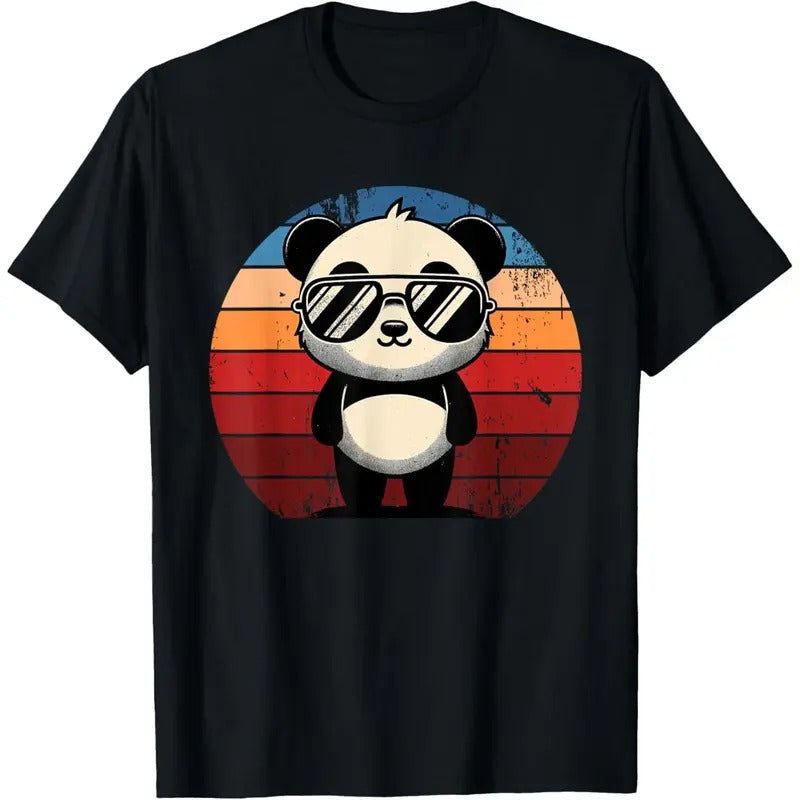 Retro Panda in Sunglasses BBQ Pool Party Funny Panda T-Shirt Made in USA