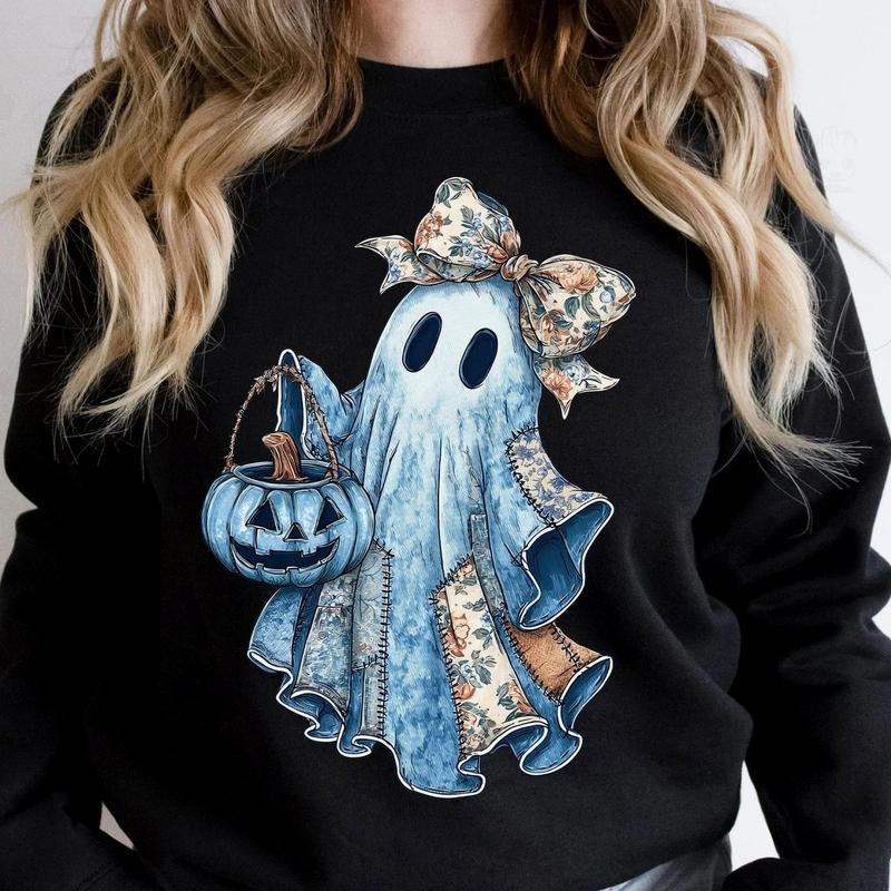 Retro Patchwork Ghost Halloween Sweatshirt, Cute Coquette Boo Pullover, Spooky Season Fall Pumpkin Crewneck