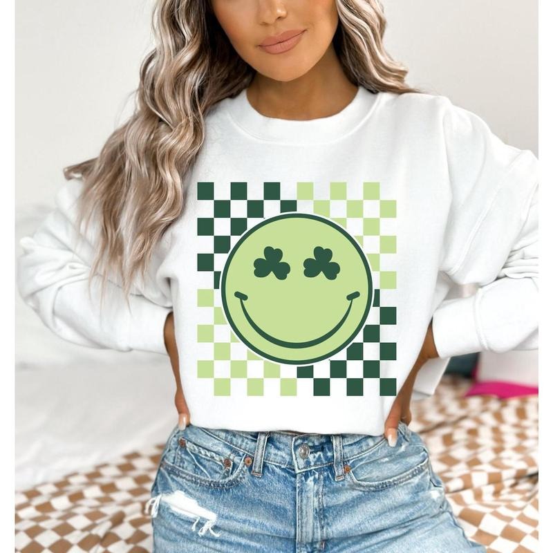 Retro Patricks Smiley Face Sweatshirt, Checkered Clover Sweater, Cute Women Patrick's T-Shirt, Happy Patricks Day, Patricks Day Gift