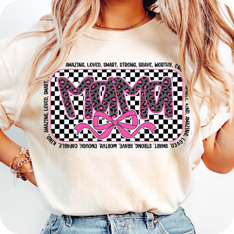 Retro Pink Mama Coquette Bow T-Shirt, Mama Checkered T-Shirt, Mama Varsity T-Shirt, Pink Mama T-Shirt, Mama T-Shirt, Mothers Day T-Shirt, Mama Leopard T-Shirt