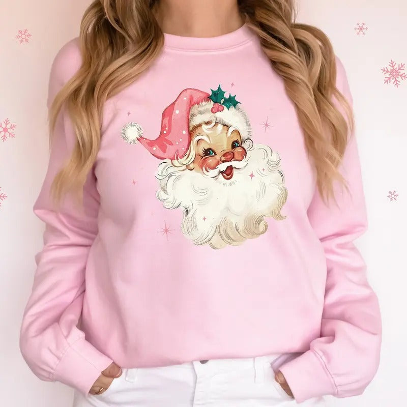 Retro Pink Santa Christmas Sweatshirt, Cute Pink Christmas Sweatshirt, Women Christmas Matching Shirt, Retro Christmas Shirt, Vintage Santa Holiday Sweater, Xmas Christmas Gift Shirt