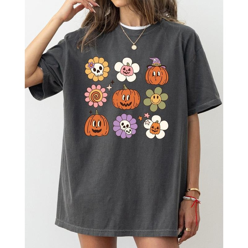 Retro Pumpkins, Fall, Skeleton, Witch, Skull, Spooky, Aesthetic, Meme, Halloween, Costume, Tshirt, Women's, Comfort Colors Tee, Spooky, Tshirt, Witch, Pumpkin, Ghost, Skeleton