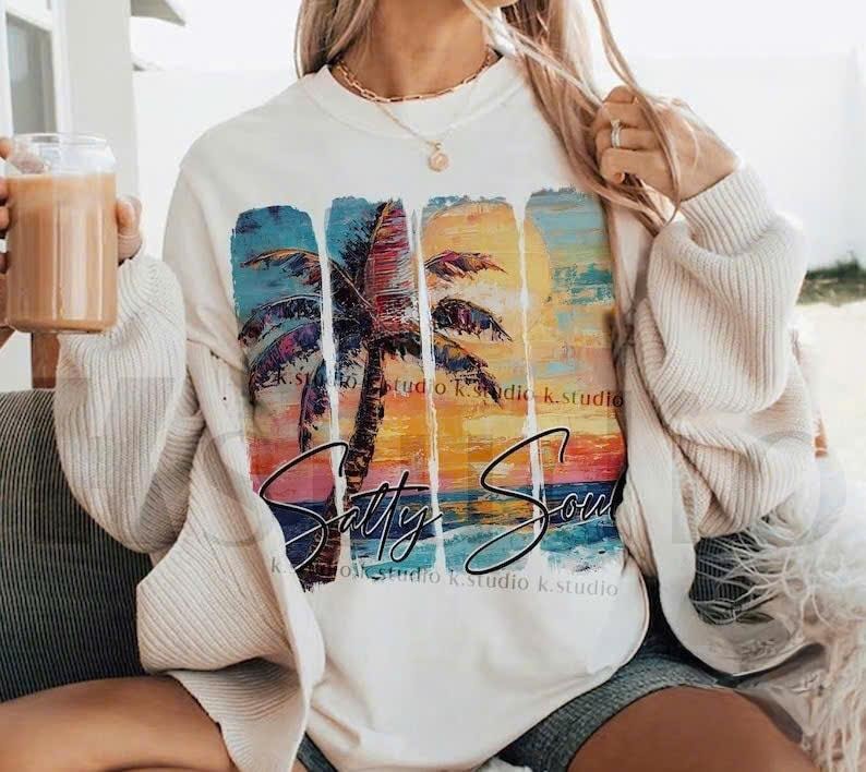 Retro Salty Soul Summer Vibes Tee, Summer Beach Shirt, Salty Summer Sea Salt Sand Vacation Gift