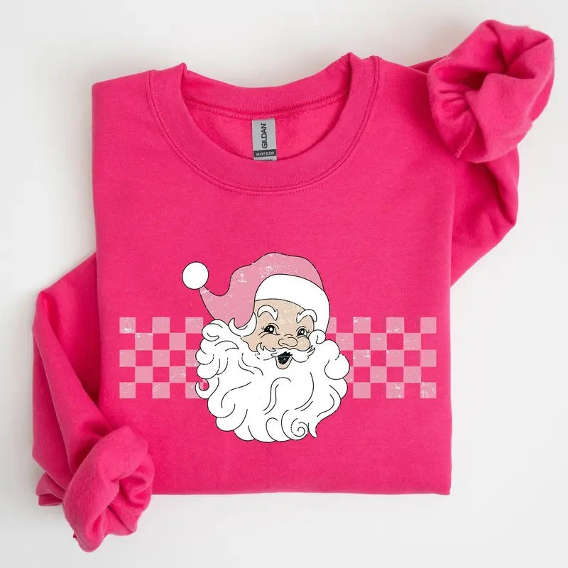 Retro Santa Checkered, Pink, Christmas, Winter, Snow, Xmas Sweatshirt, Women's Crew Neck, Crewneck