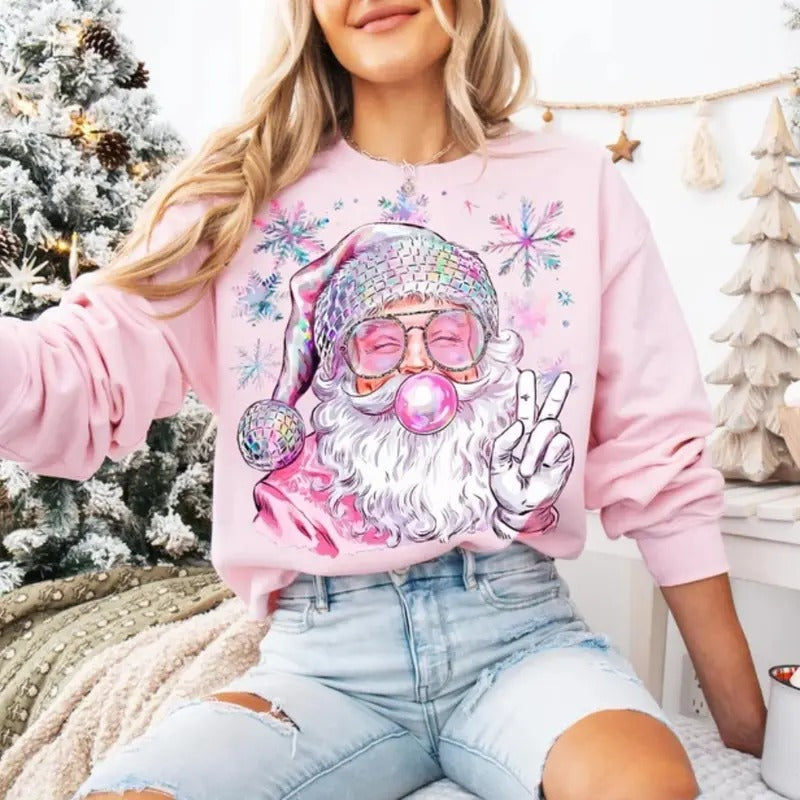 Retro Santa Christmas Blowing Bubble Sweatshirt, Hoodie, T - Shirt, Funny Santa With Sunglasses Xmas, Vintage Merry Christmas Shirt