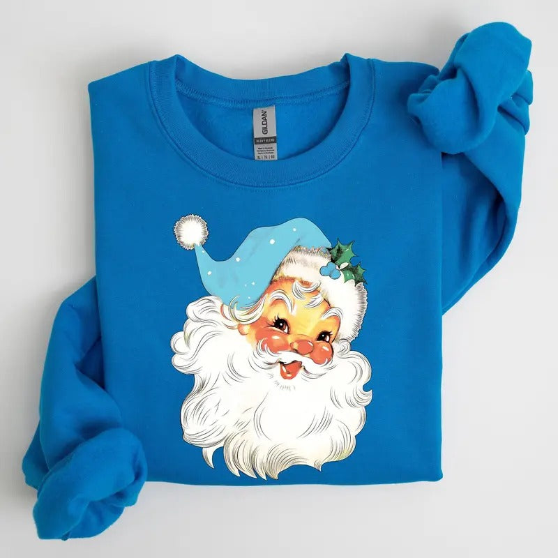 Retro Santa, Blue, Classic, Twinkle, Christmas, Winter, Xmas Sweatshirt, Women's Crew Neck, Crewneck