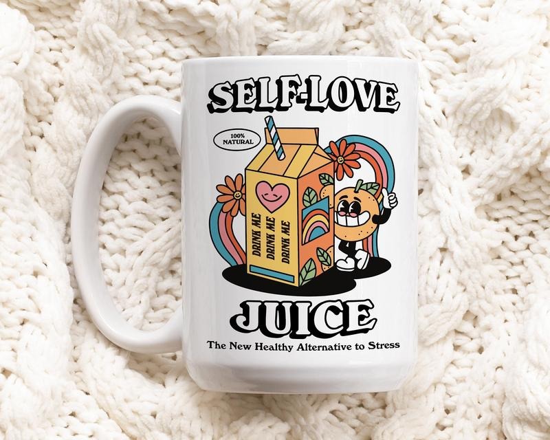 Retro Self Love Juice Coffee Mug, Groovy Colorful Mug, Coffee Lover Gift Idea, 80s Retro Quote, Artist Gift Mug, Aesthetic Ceramic Cup, Novelty Coffee Mug, Gifts For Family Friend, 11 15oz Ceramic Cup Drinkware Printed