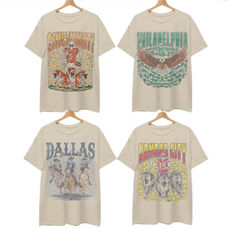 Retro Skeleton All Teams Football Sand T-shirt, Gildan 5000 Unisex Crewneck Sport Classic T-Shirt All Teams Football, White Menswear Soft Tee