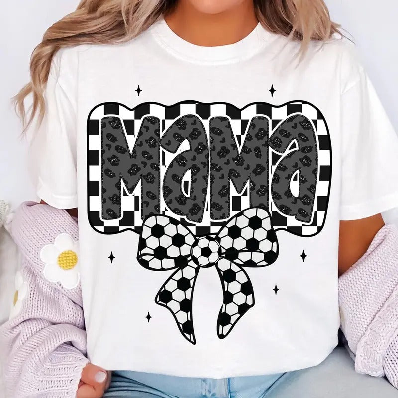 Retro Soccer Mama T-Shirt, Soccer Mama T-Shirt, Soccer Coquette T-Shirt, Game Day Soccer Bow T-Shirt, Checkered Soccer T-Shirt, Soccer Mom T-Shirt