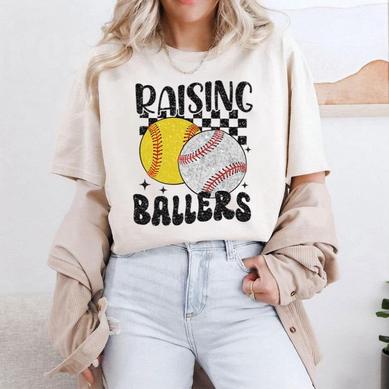 Retro Softball Baseball T-Shirt, Baseball T-Shirt, Sports T-Shirt, Raising Ballers T-Shirt, Baseball Mom Cotton Fit
