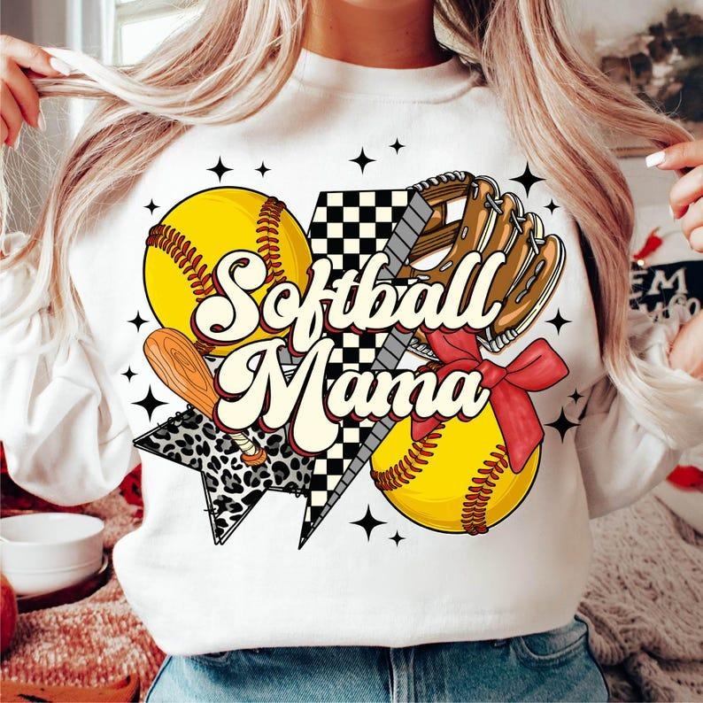 Retro Softball Mama Sweatshirt Softball Coquette Game Day Softball Bow Checker Softball Mom