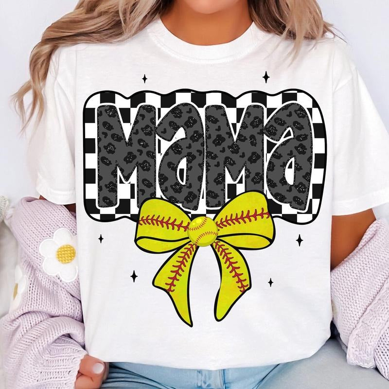 Retro Softball Mama T-Shirt, Softball Mama T-Shirt, Softball Coquette T-Shirt, Game Day Softball Bow T-Shirt, Checker Softball T-Shirt