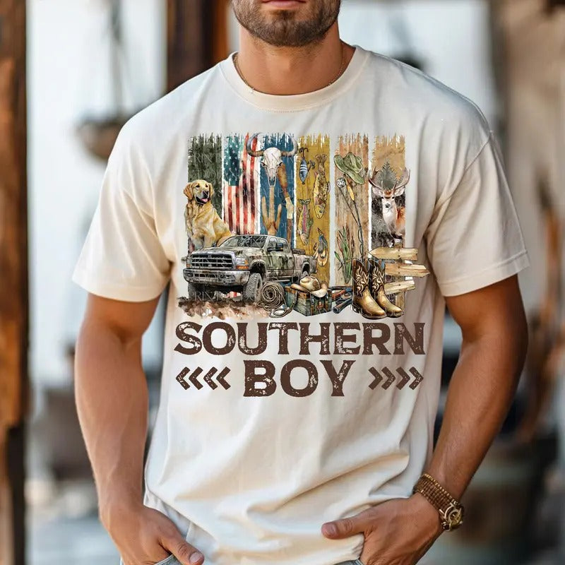 Retro Southern Boy Hunting with Dog Shirt, Hunting Camo Dog Tee, Vintage Outdoors Hunting Shirt, Camo Duck Deer Hunting Gift for Him