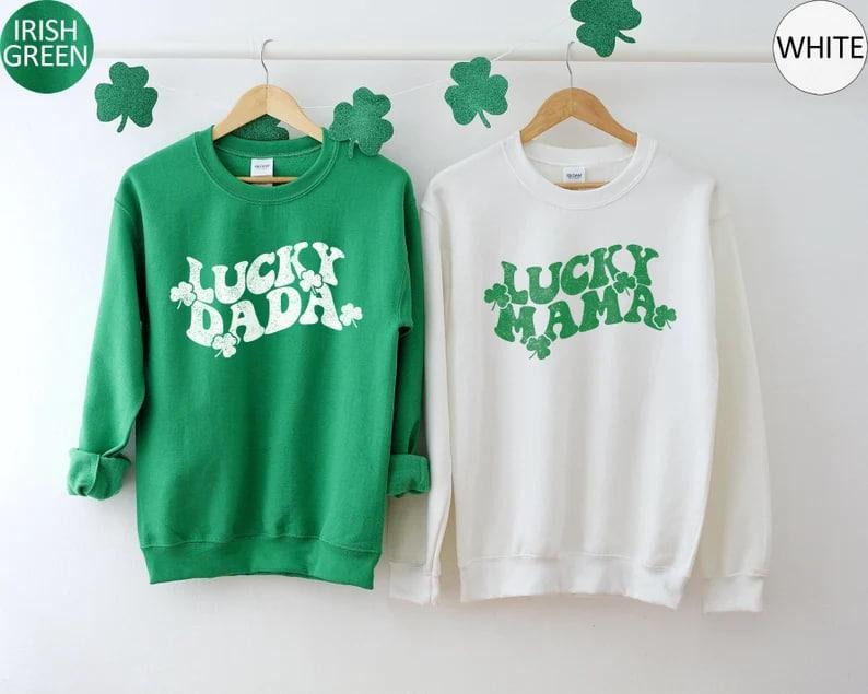Retro St. Patrick's Day Sweatshirt Lucky Mama Lucky Dada Hoodie Irish Shamrock Sweater Saint Patricks Day Gift Matching Family Crewneck