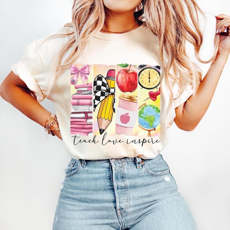 Retro Teacher T-Shirt, Teacher Coquette T-Shirt, Teach Love Inspire, Teacher Appreciation Gift, Last Day of School T-Shirt, Brushstroke Teacher T-Shirt