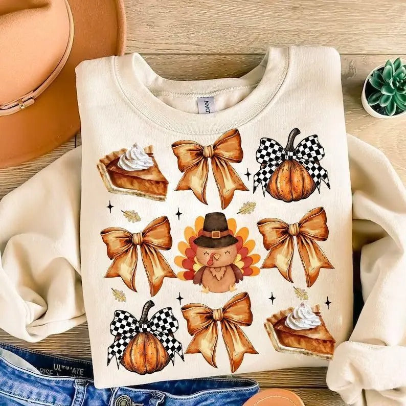 Retro Thanksgiving Sweatshirt, Hoodie, T - Shirt, Retro Fall Pumpkin Bow Shirt, Turkey Shirt, Autumn Girly Shirt,Girl Autumn Sublimation Design