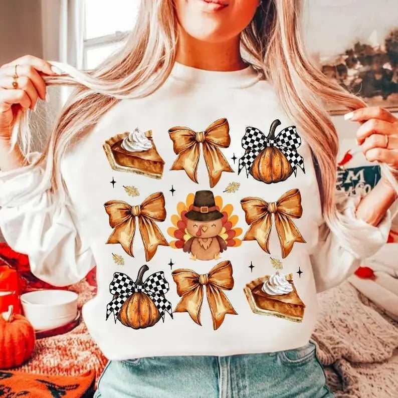 Retro Thanksgiving Tshirt Sweatshirt, Retro Fall Pumpkin Bow, Fall Coquette Bow Shirt, Turkey Shirt, Autumn Girly , Unisex Long Sleeve Crewneck
